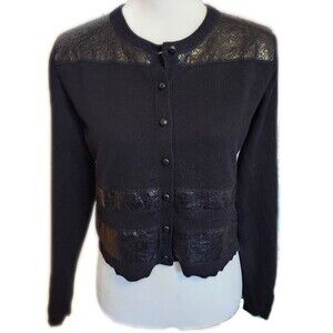 Don Caster Collection black button-down cardigan, faux leather stripes M